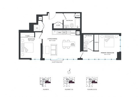 Floor plan for 2 beds, 2 baths, 855 sqft